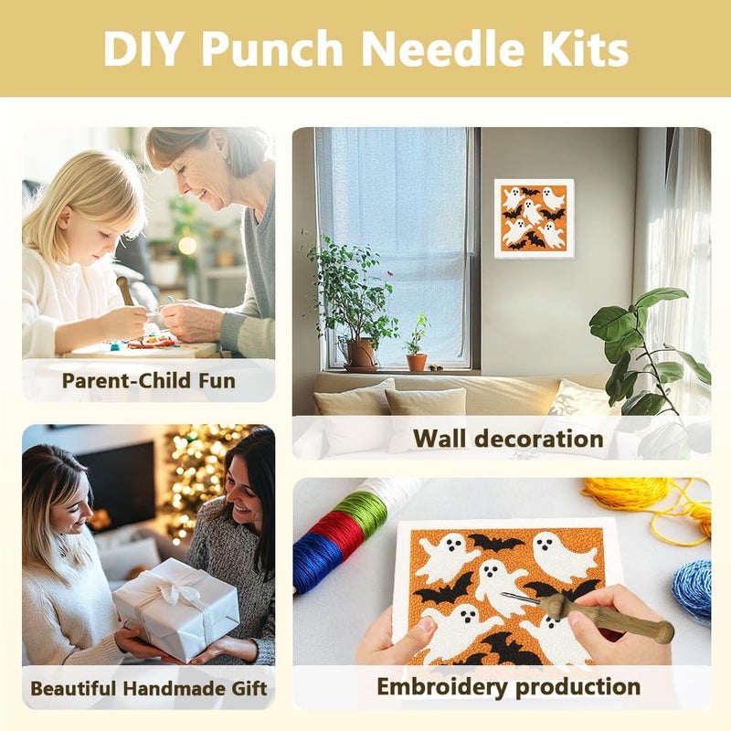 DOODLREAM Halloween Ghosts DIY Punch Needle Embroidery Kit for Adult Beginner, 9.4" Bat Punch Stitching Craft Set for Starter with Frame, Fabric Pattern, Threader, Yarn, Pinch Needle - Image 4